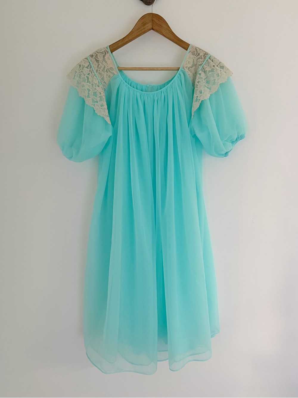 Vintage Aqua Chiffon Babydoll Nightgown Ivory Lace Cape Sleeves